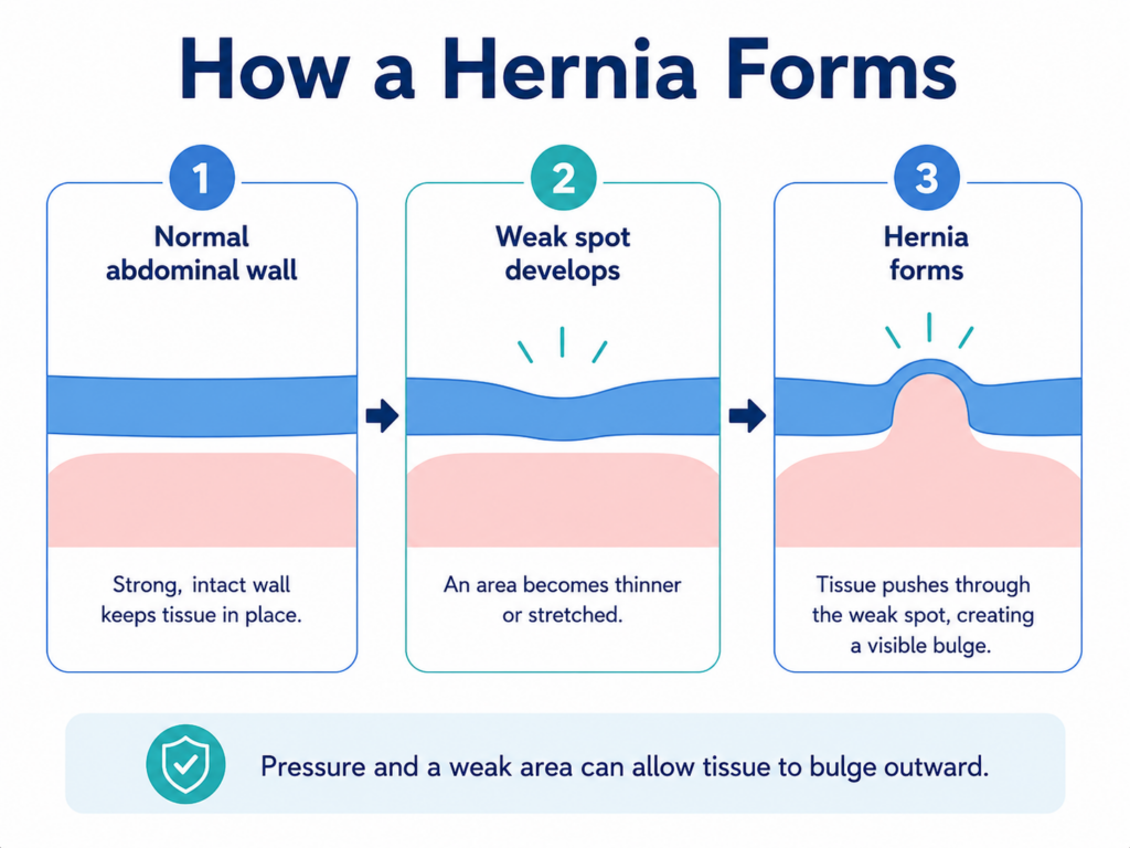 Three-step diagram showing how a hernia forms. First, a normal abdominal wall keeps tissue in place. Next, a weak spot develops as the wall becomes thinner or stretched. Finally, tissue pushes through the weak spot, creating a visible bulge.
